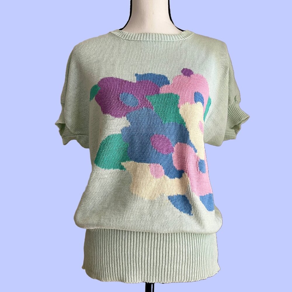 Vintage Floral 80s 90s Blue Floral Abstract Sweater by Sports Size S/M